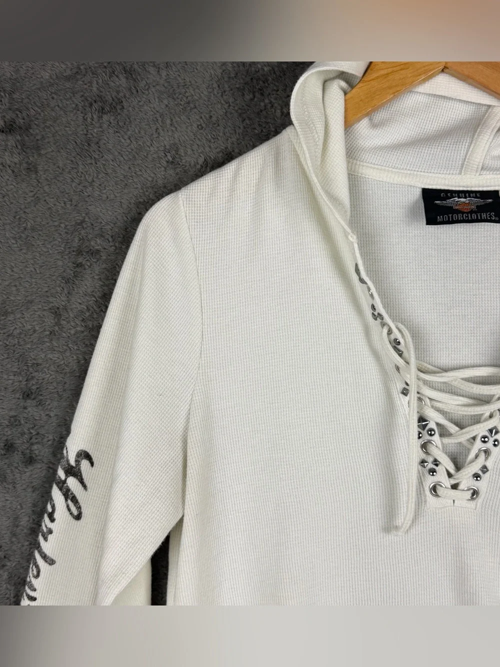 Harley Davidson White Cream Waffle Lace Up Skull Thermal Hoodie Women's Large - Picture 6 of 15